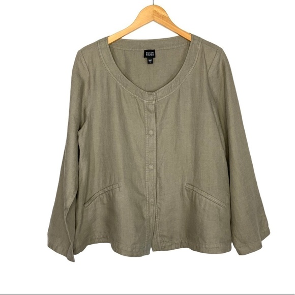 Eileen Fisher 100% Linen Button Up Jacket Size Large Taupe Gray Shoulder Pads - Picture 1 of 7